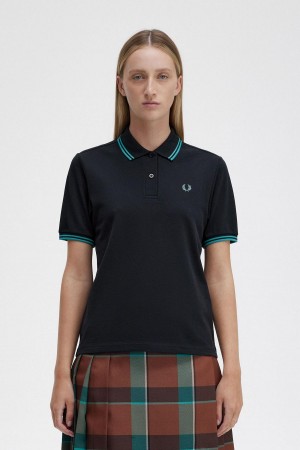 Fred Perry G3600 T-shirt Dam Svarta Mörkmintgröna Mörkmintgröna | SEZPD68350