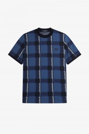 Fred Perry Glitch Tartan T-shirt Herr Blå | SEDYB32842