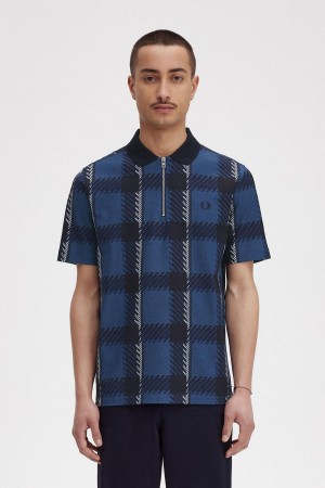 Fred Perry Glitch Tartan Zip Neck Polo Shirt Piketröja Herr Blå | SSEVO41613