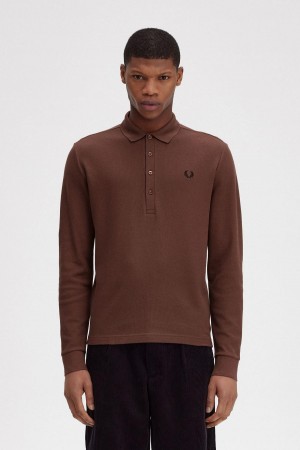 Fred Perry Honeycomb Bomull Long Sleeve Polo Shirt Piketröja Herr Bruna | QSEWA50319