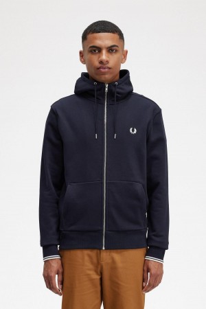 Fred Perry Hooded Zip Through Tröjor Herr Marinblå | SEIIZ67172