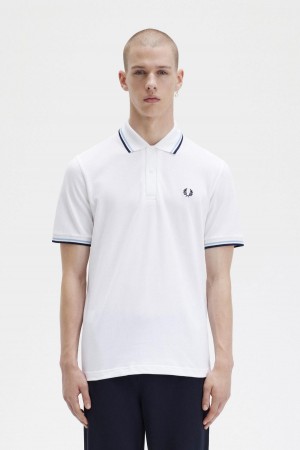 Fred Perry M12 Piketröja Herr Vita Marinblå | SEJKU64777