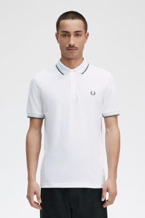 Fred Perry M3600 Piketröja Herr Vita Ljusgröna | DSEKV88481