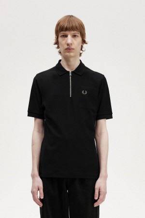 Fred Perry Textured Zip Neck Polo Shirt Piketröja Herr Svarta | BSESO30093