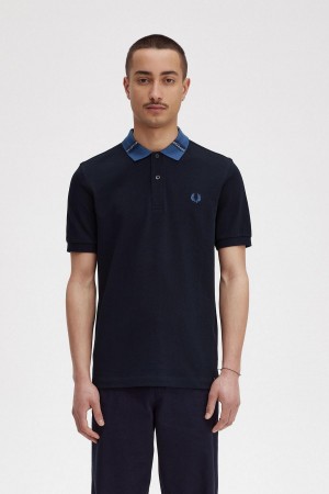 Fred Perry Tryck Collar Polo Shirt Piketröja Herr Marinblå | SEQAV50686