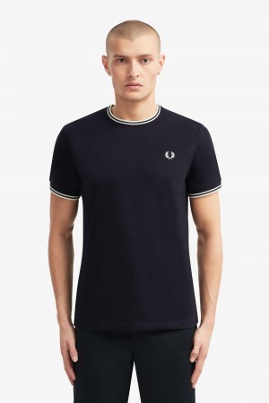 Fred Perry Twin Tipped T-shirt Herr Marinblå | GSEUC90941