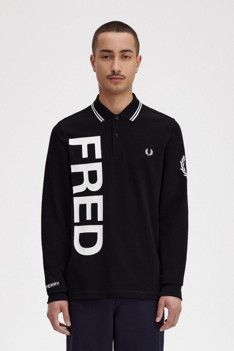 Fred Perry Bold Tryck Long Sleeve Fred Perry Shirt Piketröja Herr Svarta | QSEUV71934