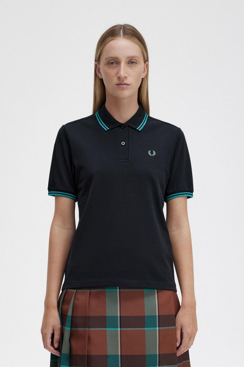 Fred Perry G3600 Fred Perry Shirt Dam Svarta Mörkmintgröna Mörkmintgröna | TSEPQ14610