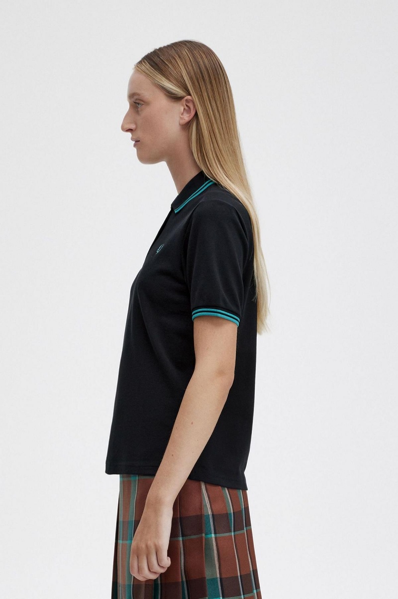 Fred Perry G3600 Fred Perry Shirt Dam Svarta Mörkmintgröna Mörkmintgröna | TSEPQ14610