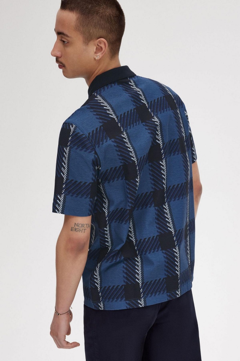 Fred Perry Glitch Tartan Zip Neck Polo Shirt Piketröja Herr Blå | SSEVO41613