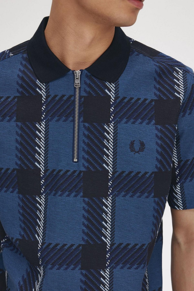 Fred Perry Glitch Tartan Zip Neck Polo Shirt Piketröja Herr Blå | SSEVO41613