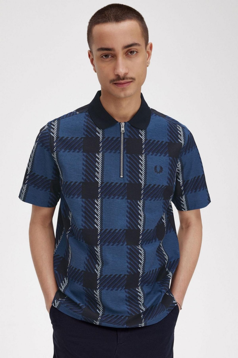 Fred Perry Glitch Tartan Zip Neck Polo Shirt Piketröja Herr Blå | SSEVO41613