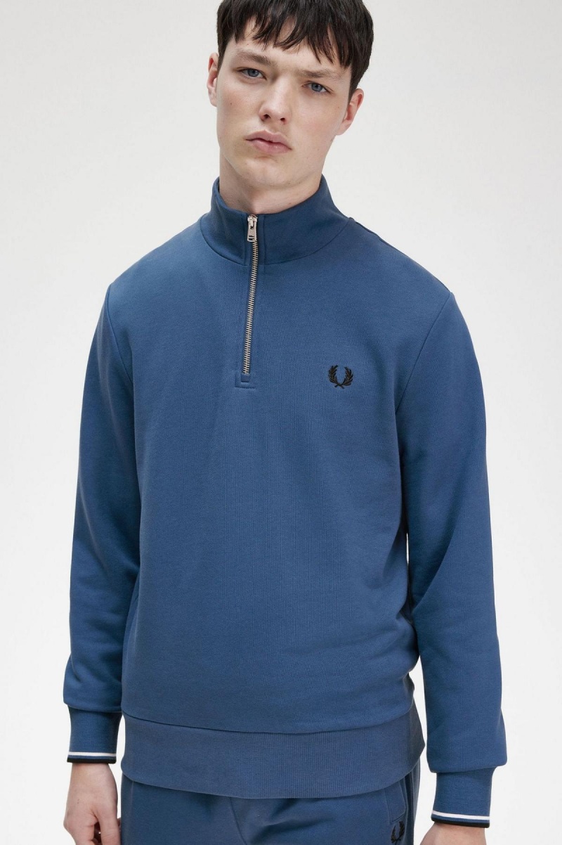 Fred Perry Half Zip Sweatshirt Träningsoverall Herr Blå | ASEDF70612