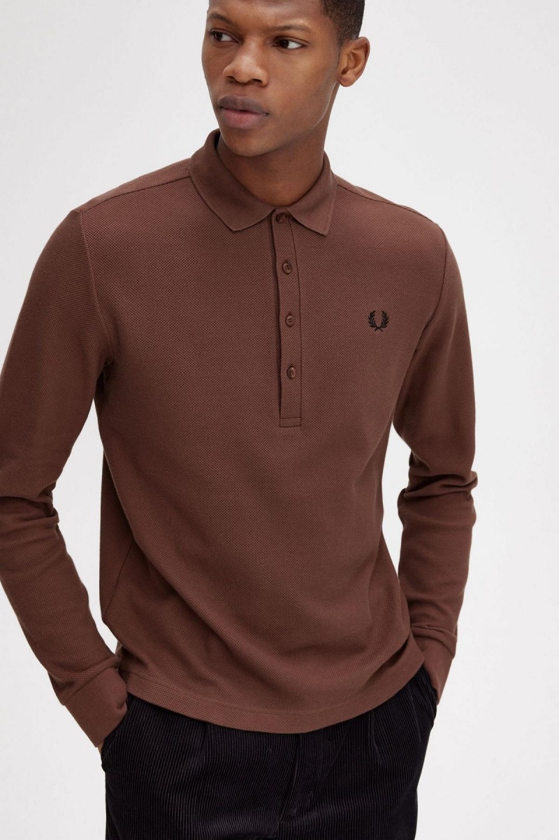 Fred Perry Honeycomb Bomull Long Sleeve Polo Shirt Piketröja Herr Bruna | QSEWA50319