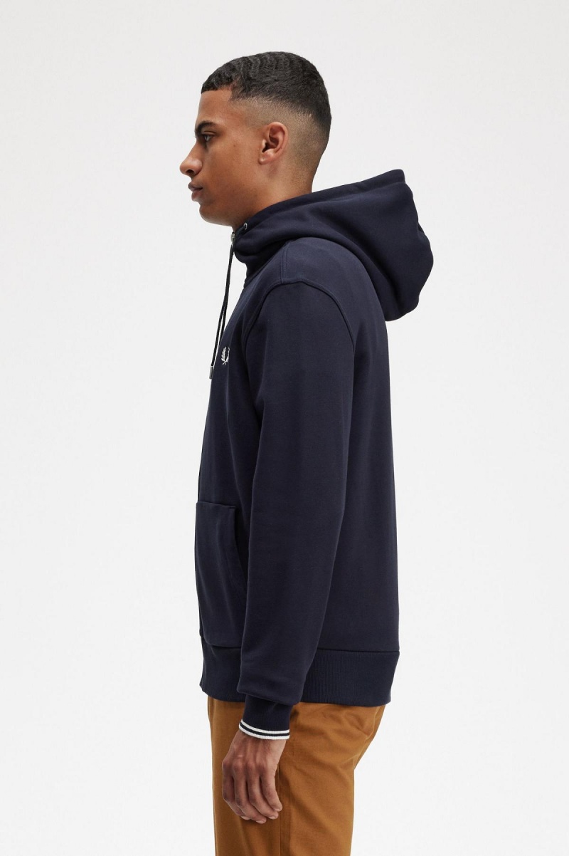 Fred Perry Hooded Zip Through Tröjor Herr Marinblå | SEIIZ67172