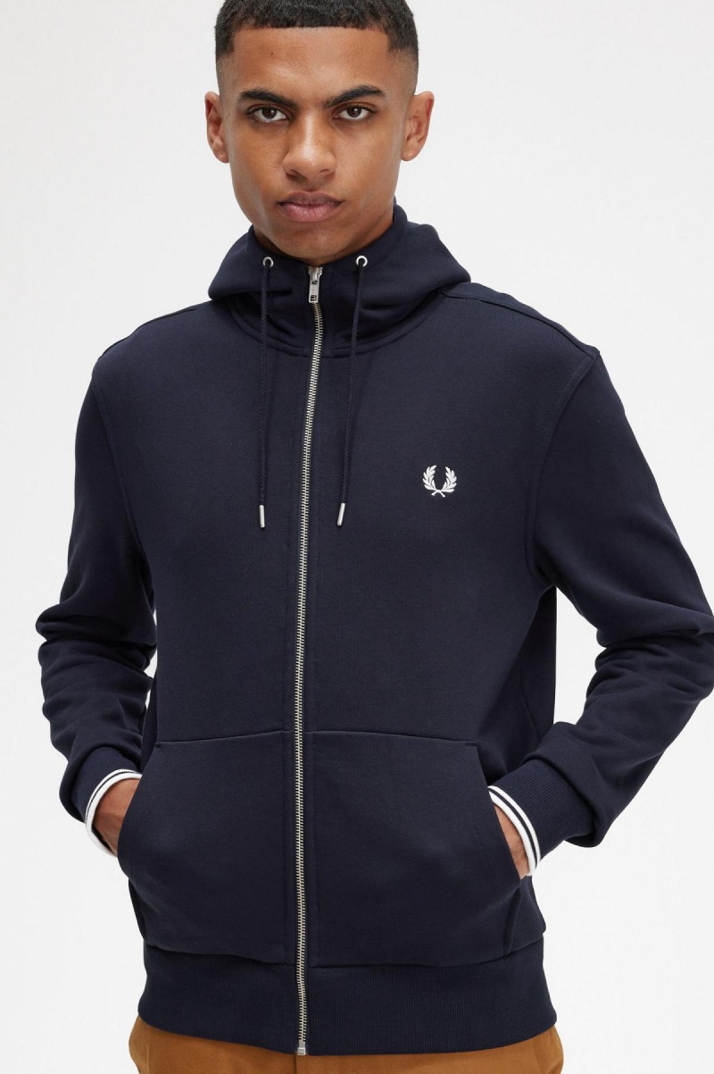 Fred Perry Hooded Zip Through Tröjor Herr Marinblå | SEIIZ67172