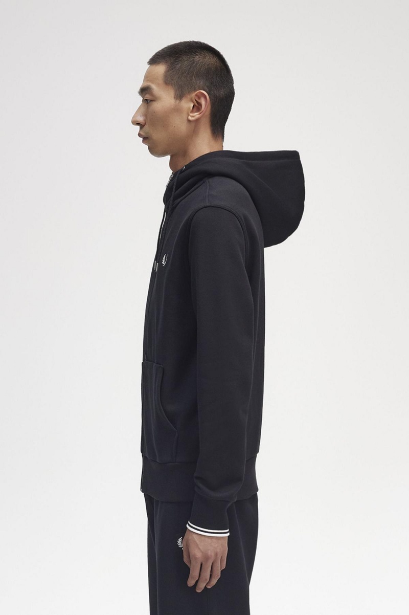 Fred Perry Hooded Zip Through Tröjor Herr Svarta | SEJVR57407