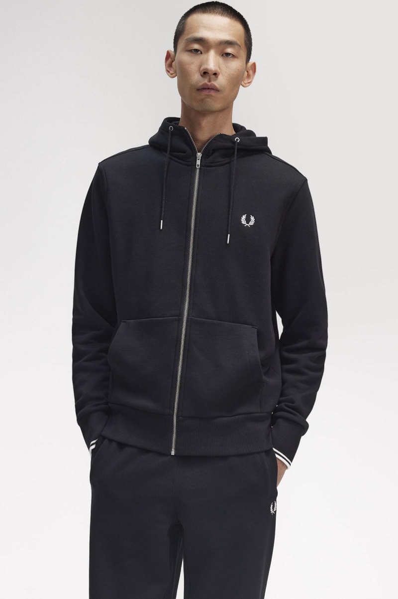 Fred Perry Hooded Zip Through Tröjor Herr Svarta | SEJVR57407