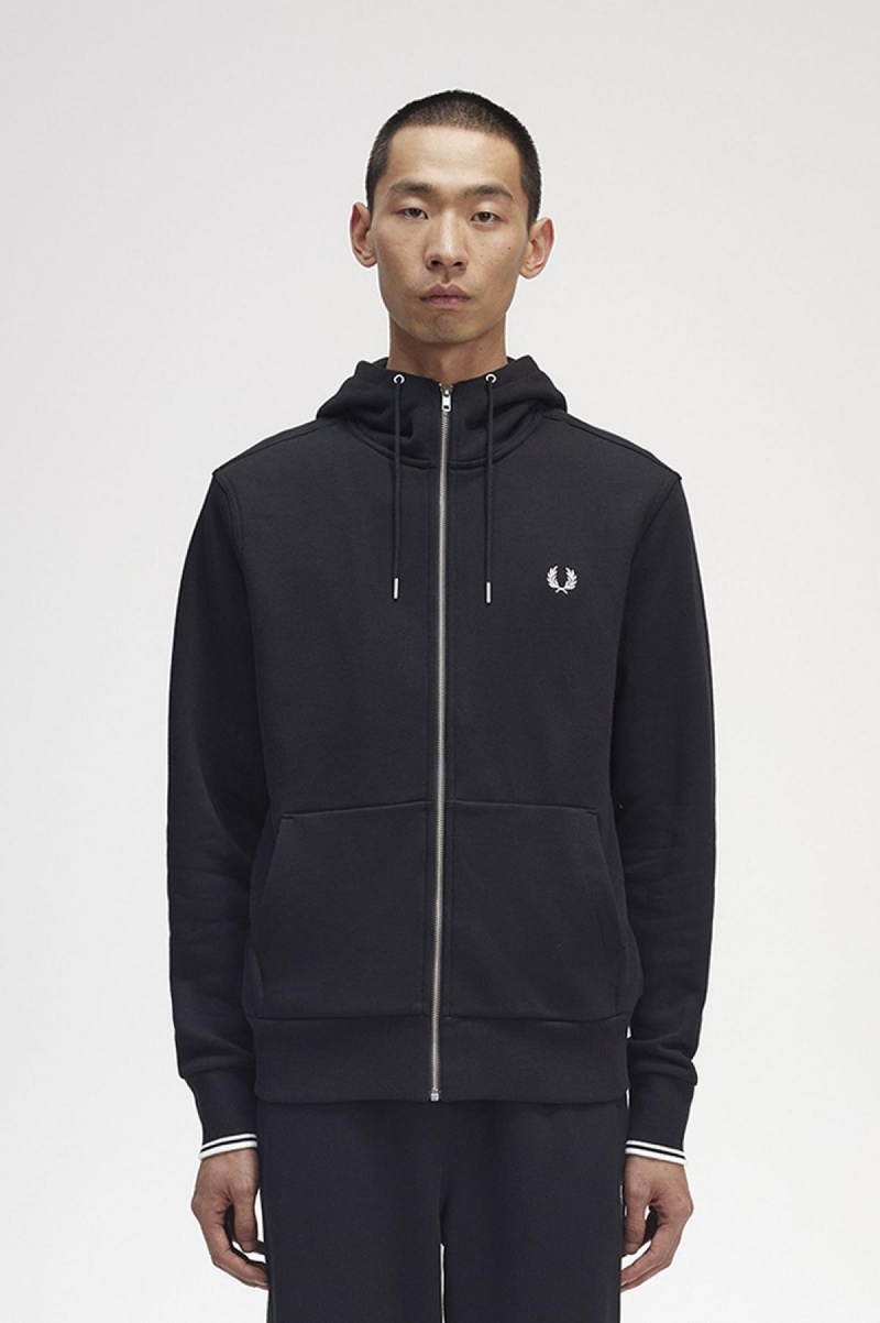 Fred Perry Hooded Zip Through Tröjor Herr Svarta | SEJVR57407