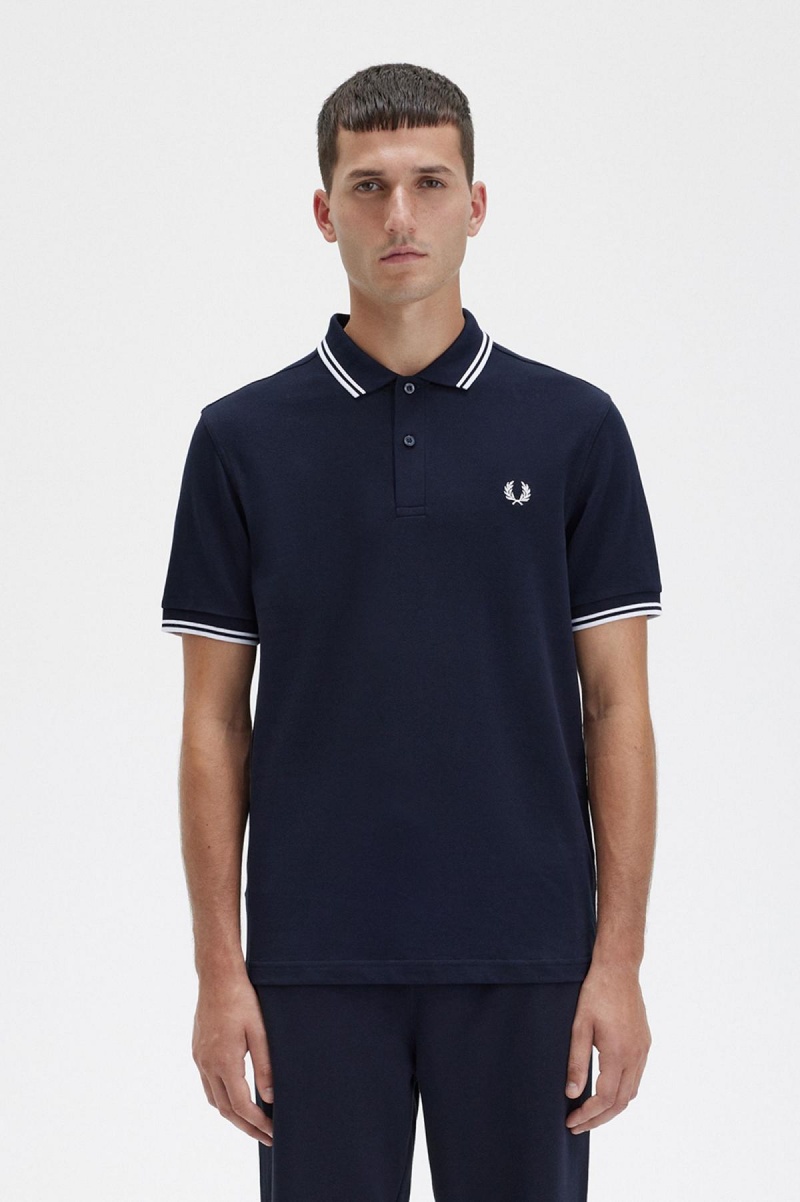 Fred Perry M3600 Fred Perry Shirt Herr Marinblå Vita Vita | SEXBR31430