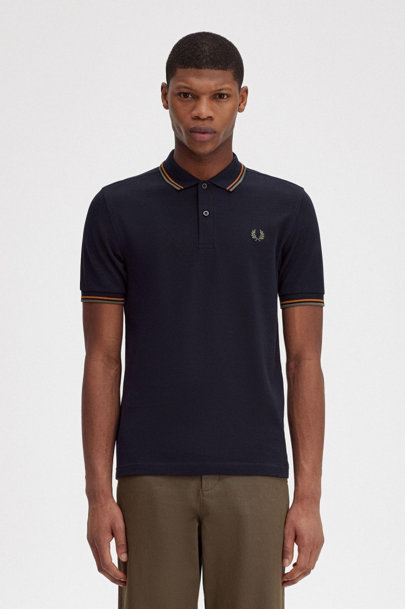 Fred Perry M3600 Fred Perry Shirt Herr Marinblå Gröna | SEICD66855