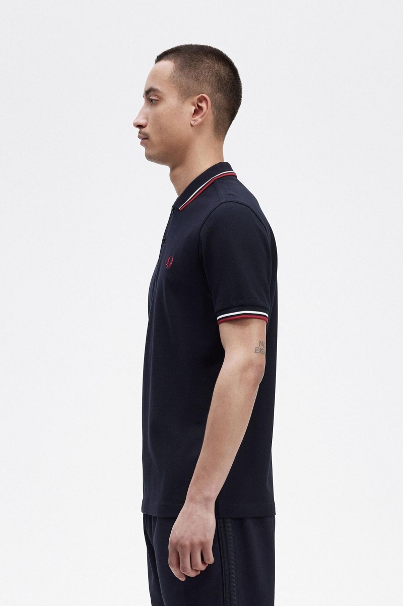 Fred Perry M3600 Fred Perry Shirt Herr Marinblå Vita Röda | SECVG15421