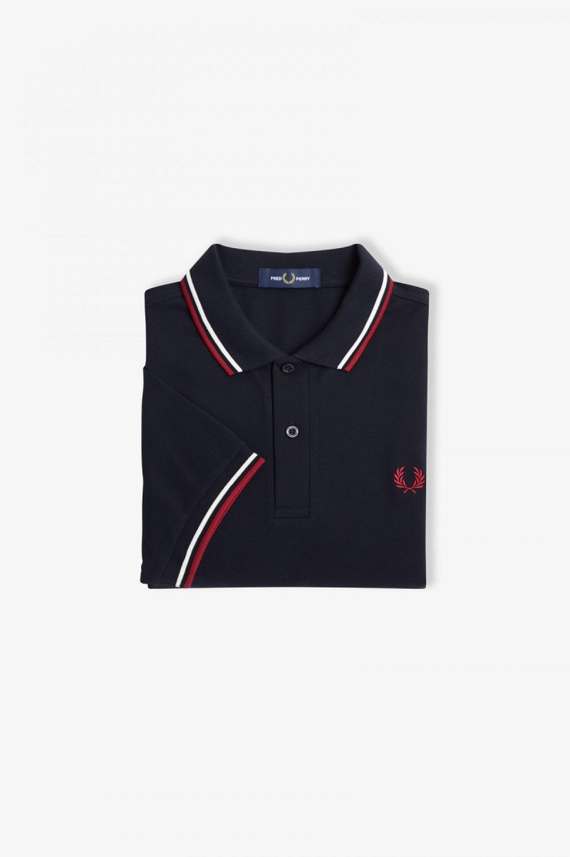 Fred Perry M3600 Fred Perry Shirt Herr Marinblå Vita Röda | SECVG15421