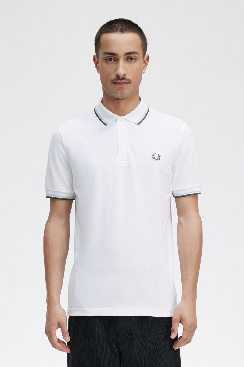 Fred Perry M3600 Fred Perry Shirt Herr Vita Ljusgröna | SEXBR89891