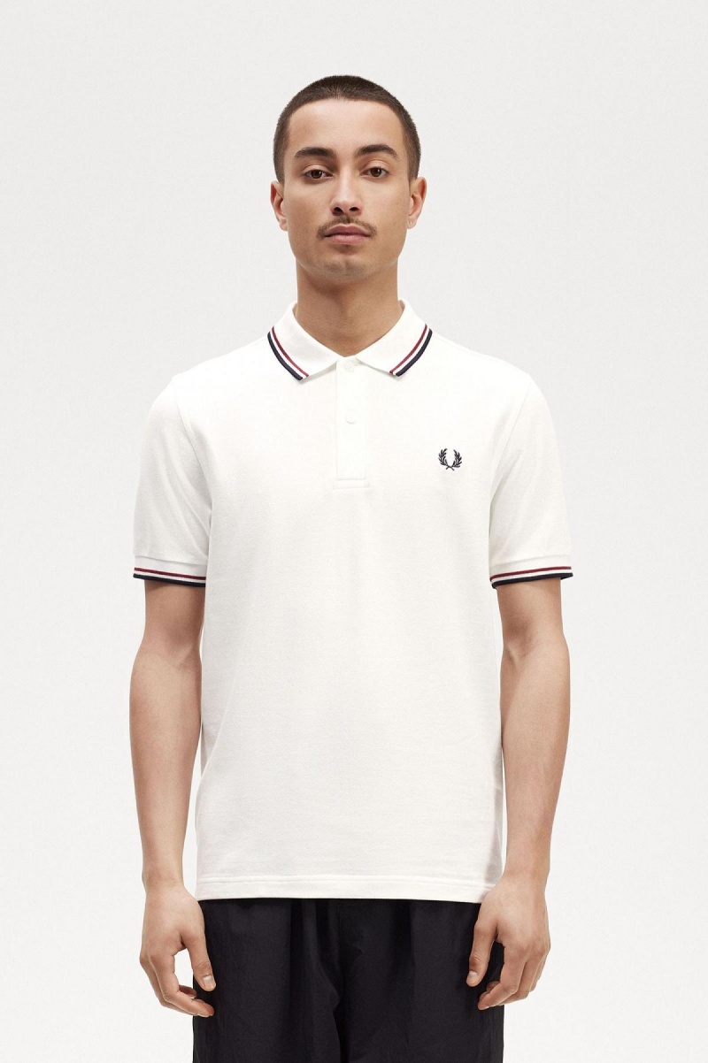 Fred Perry M3600 Fred Perry Shirt Herr Vita Röda Marinblå | SEZDE75757