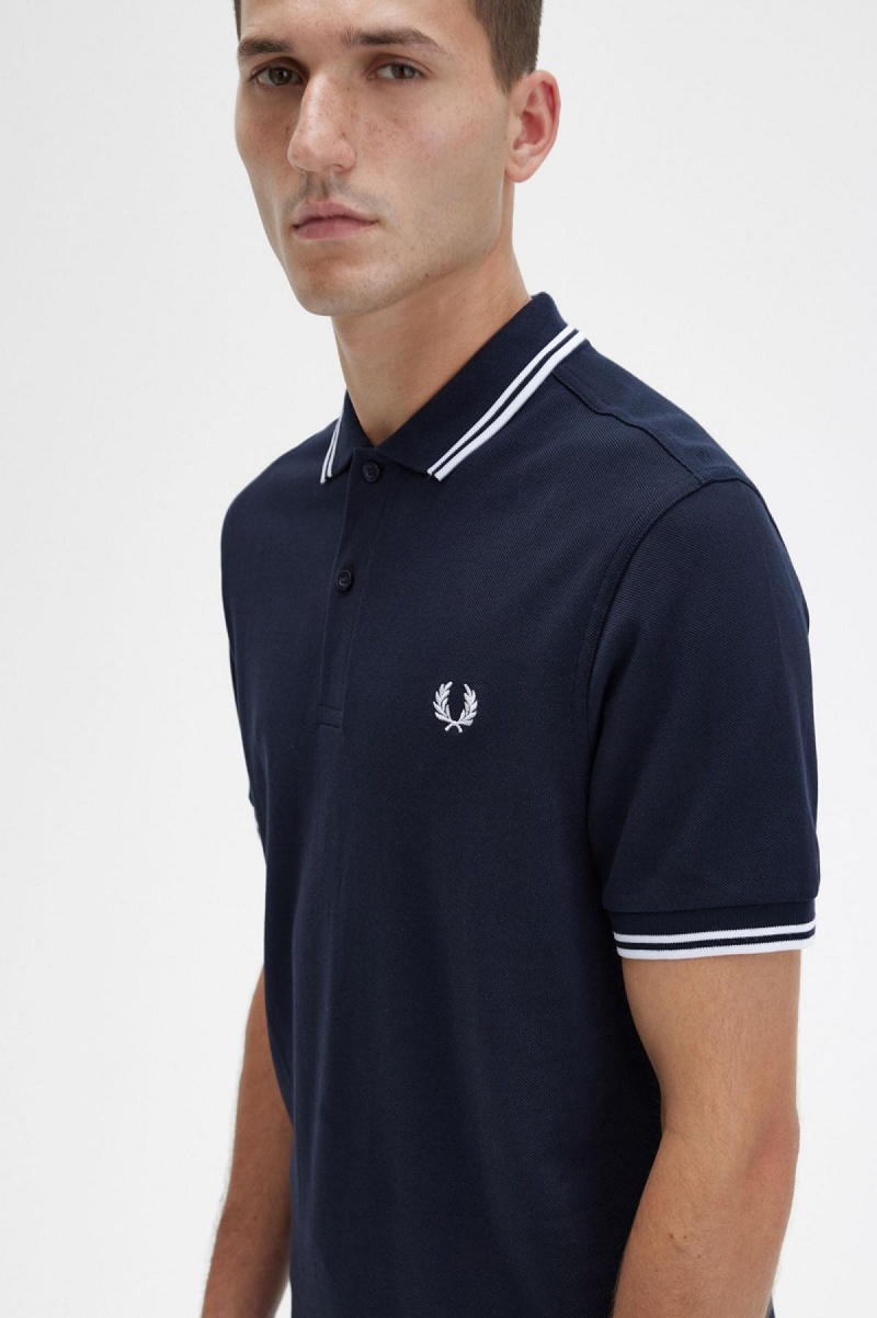 Fred Perry M3600 Piketröja Herr Marinblå Vita Vita | LSETR15583