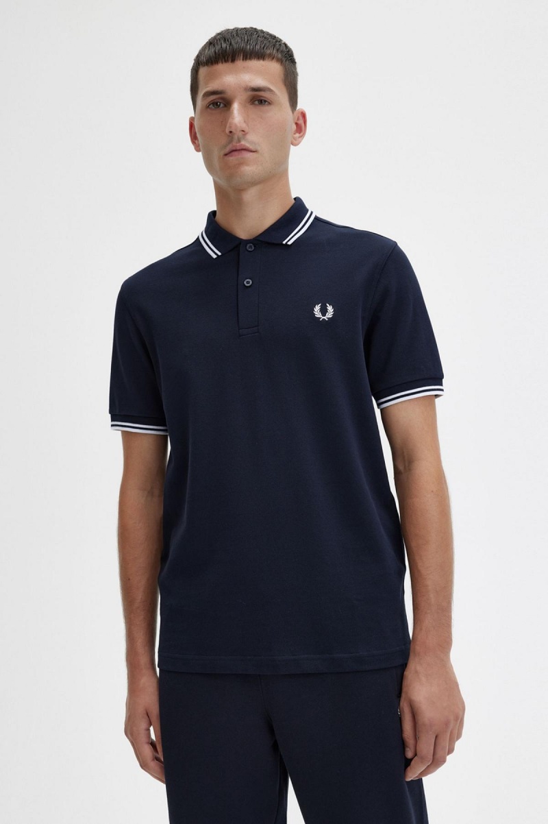 Fred Perry M3600 Piketröja Herr Marinblå Vita Vita | LSETR15583