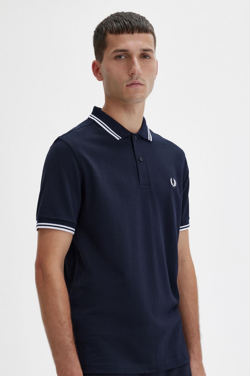 Fred Perry M3600 Piketröja Herr Marinblå Vita Vita | LSETR15583