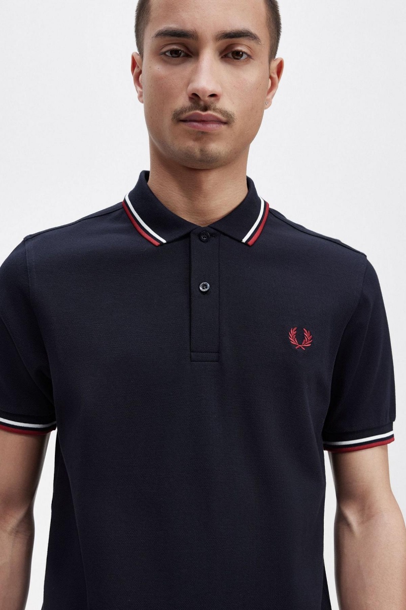 Fred Perry M3600 Piketröja Herr Marinblå Vita Röda | SENZX75540