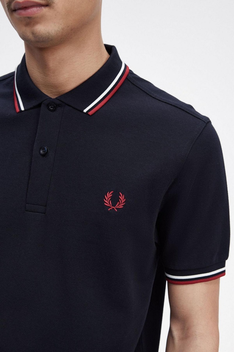 Fred Perry M3600 Piketröja Herr Marinblå Vita Röda | SENZX75540