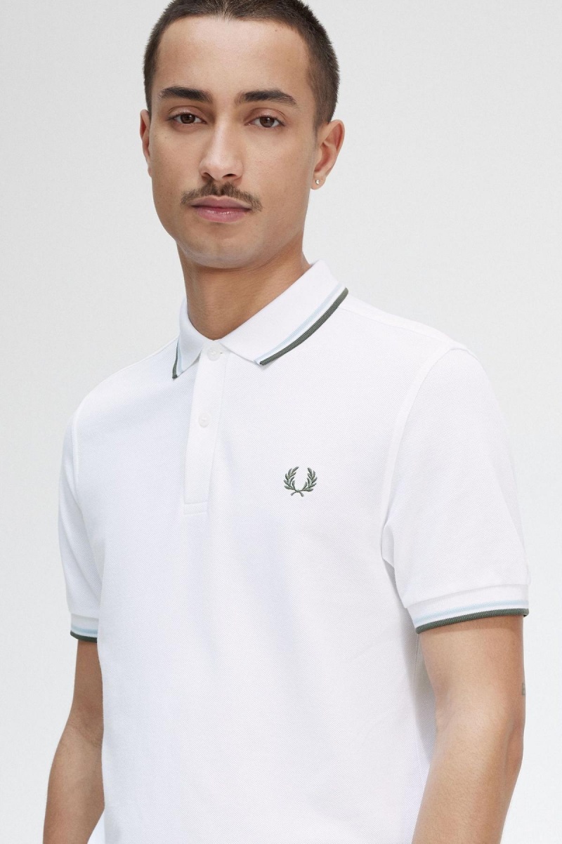 Fred Perry M3600 Piketröja Herr Vita Ljusgröna | DSEKV88481