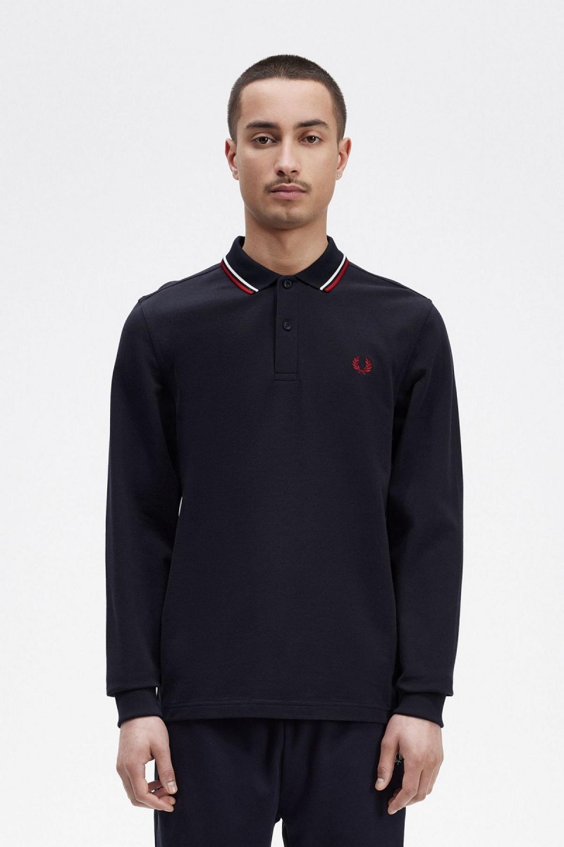 Fred Perry M3636 Fred Perry Shirt Herr Marinblå Vita Röda | SECIF19899