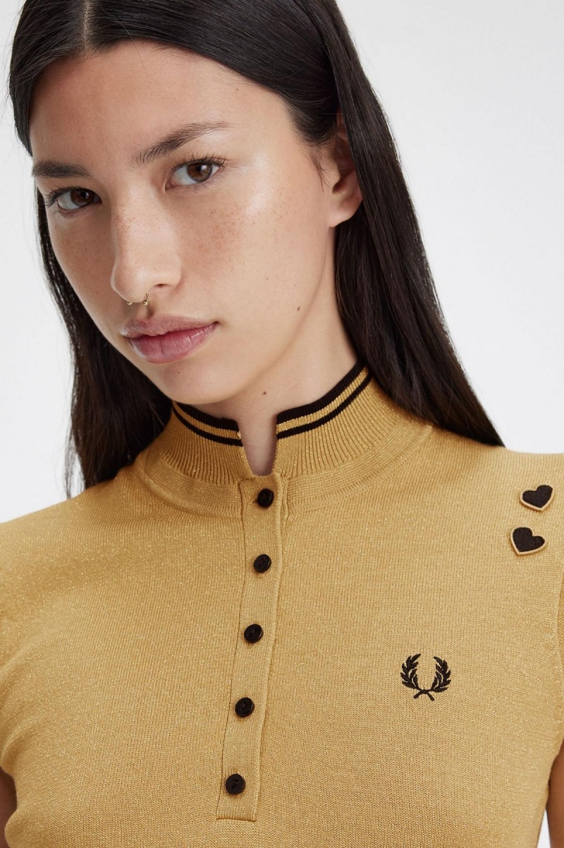 Fred Perry Metallic Stickad Klänning Dam Guld | TSEWZ66105