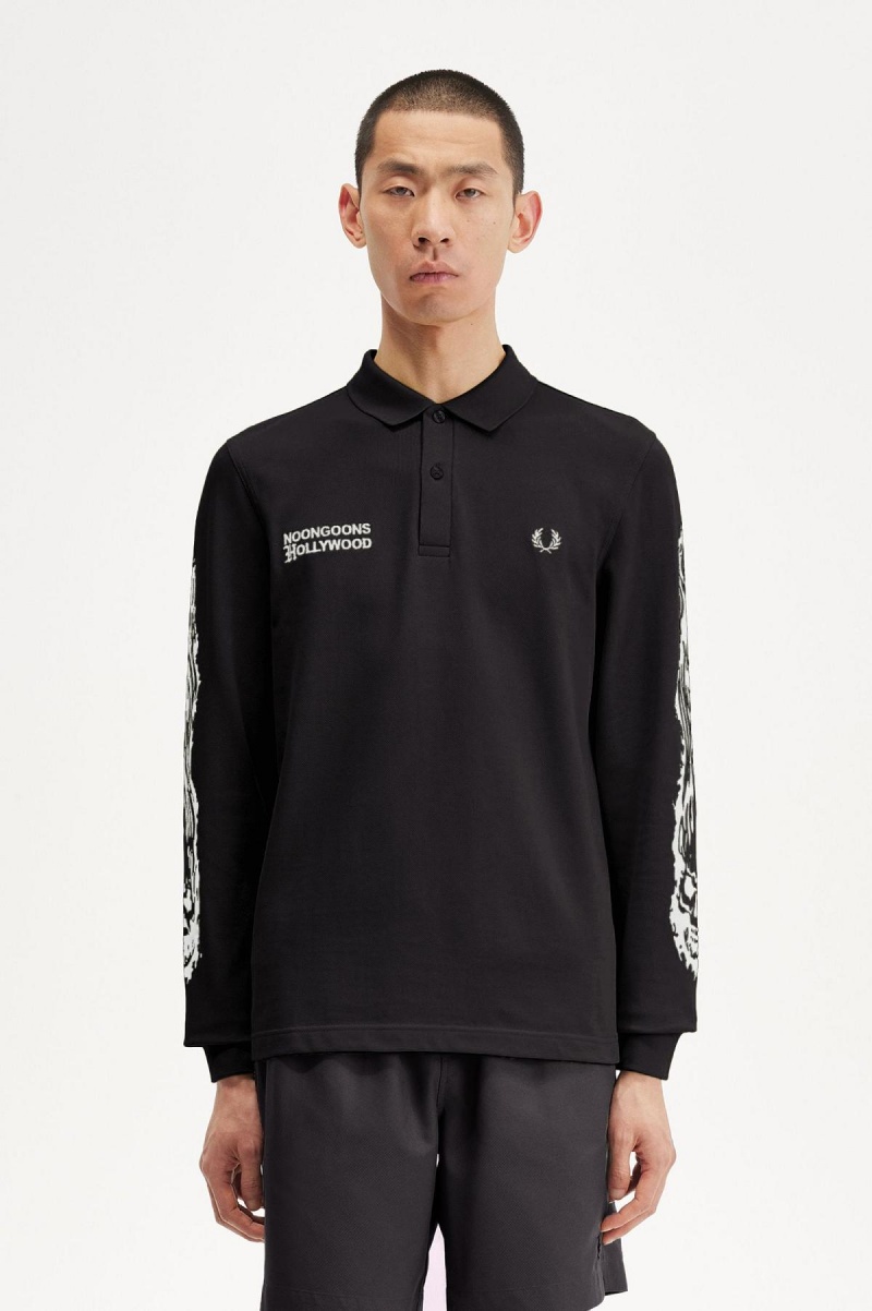 Fred Perry Noongoons Long Sleeve Tryck Polo Shirt Piketröja Herr Svarta | MSEHR36365