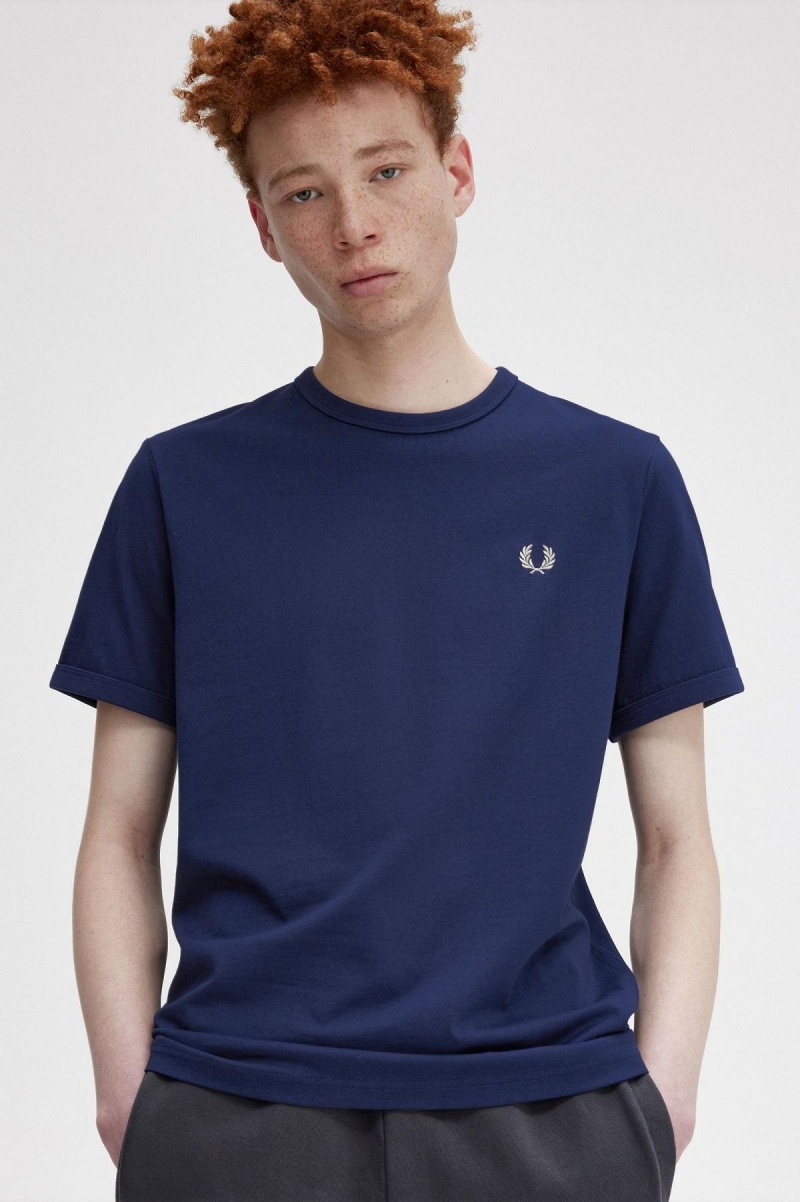 Fred Perry Ringer T-shirt Herr Marinblå Vita | TSEWZ64926