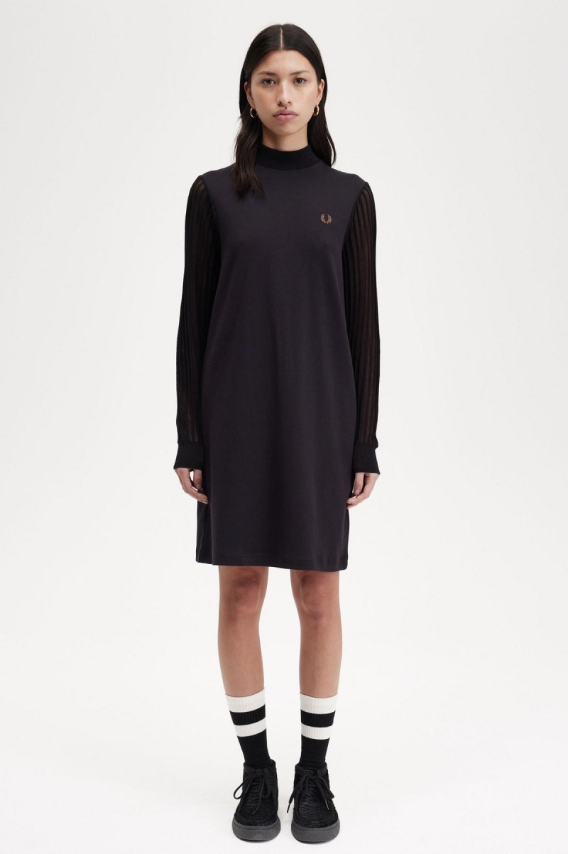 Fred Perry Sheer Sleeve Mock Neck Klänning Dam Svarta | SEICD19396