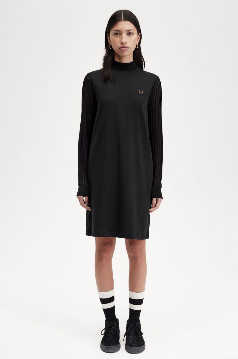 Fred Perry Sheer Sleeve Mock Neck Klänning Dam Svarta | SEICD19396