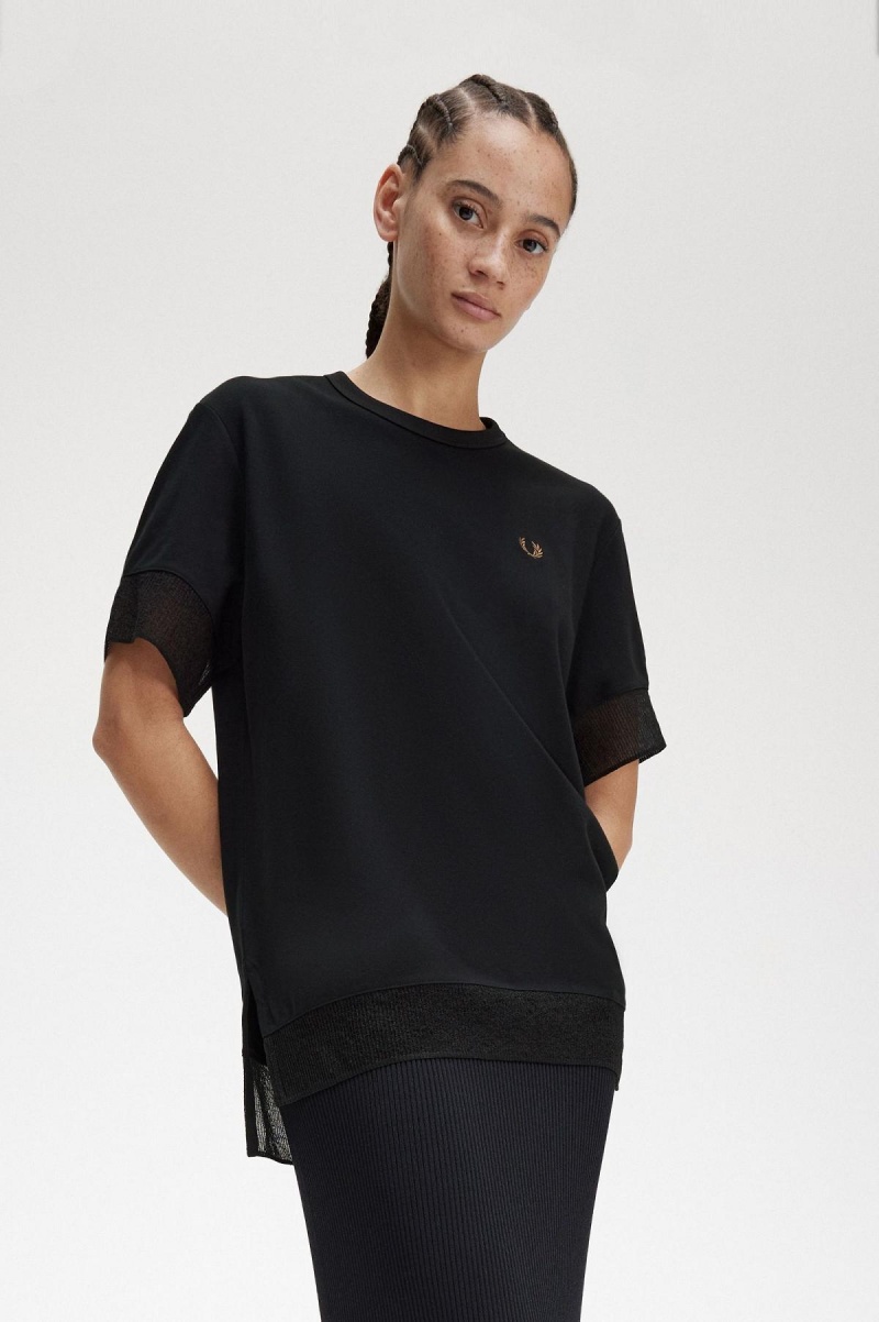 Fred Perry Sheer Trim Piqué T-shirt Dam Svarta | ZSENQ30694