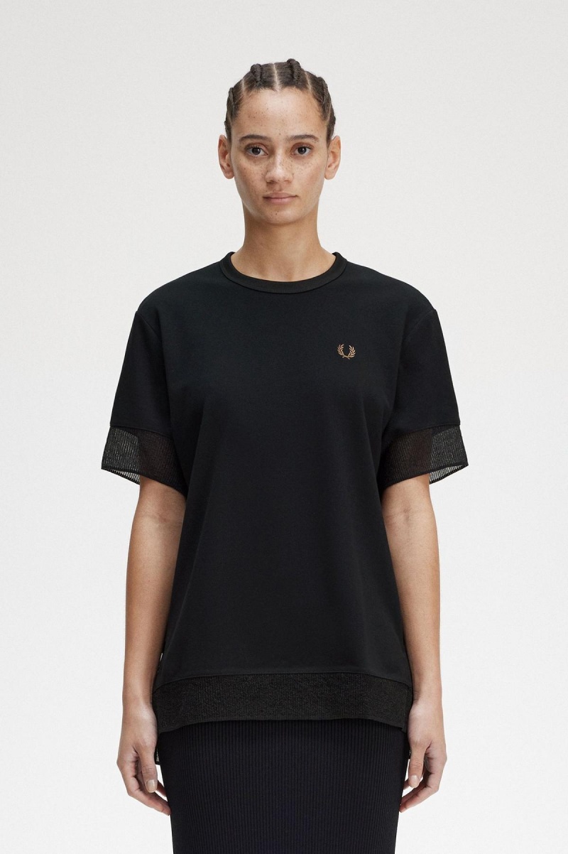 Fred Perry Sheer Trim Piqué T-shirt Dam Svarta | ZSENQ30694