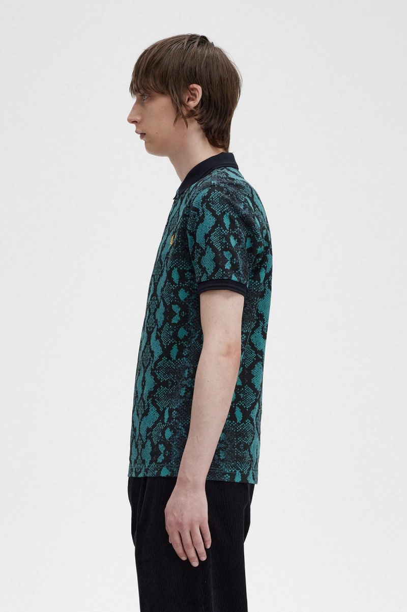 Fred Perry Snake Print Fred Perry Shirt Piketröja Herr Mörkmintgröna | SEEGJ23568