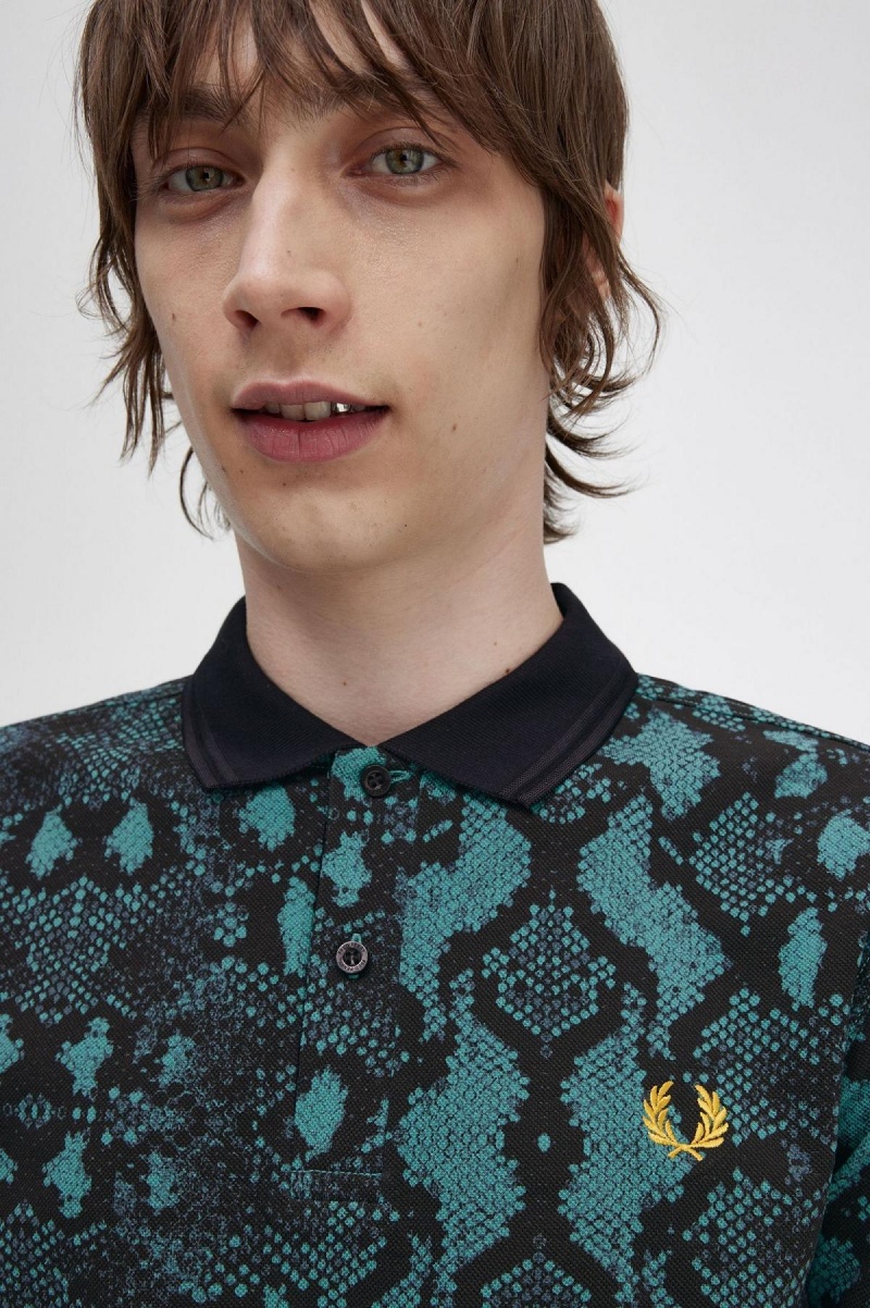 Fred Perry Snake Print Fred Perry Shirt Piketröja Herr Mörkmintgröna | SEEGJ23568