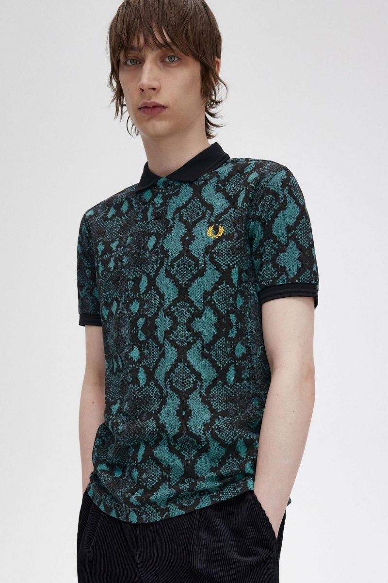 Fred Perry Snake Print Fred Perry Shirt Piketröja Herr Mörkmintgröna | SEEGJ23568