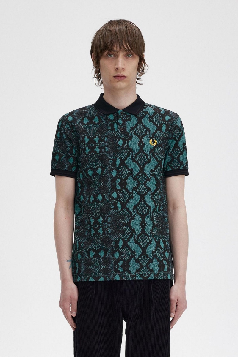 Fred Perry Snake Print Fred Perry Shirt Piketröja Herr Mörkmintgröna | SEEGJ23568