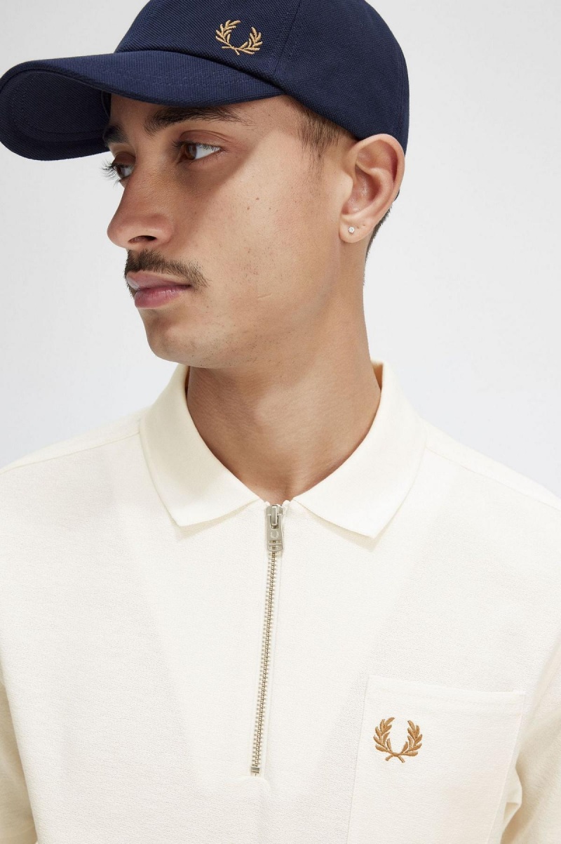 Fred Perry Textured Zip Neck Polo Shirt Piketröja Herr Ecru | YSEGT29765