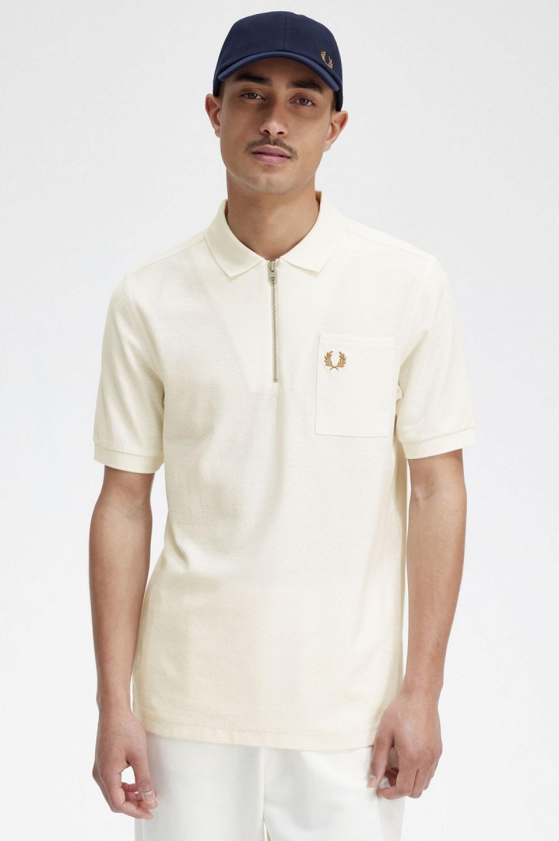 Fred Perry Textured Zip Neck Polo Shirt Piketröja Herr Ecru | YSEGT29765