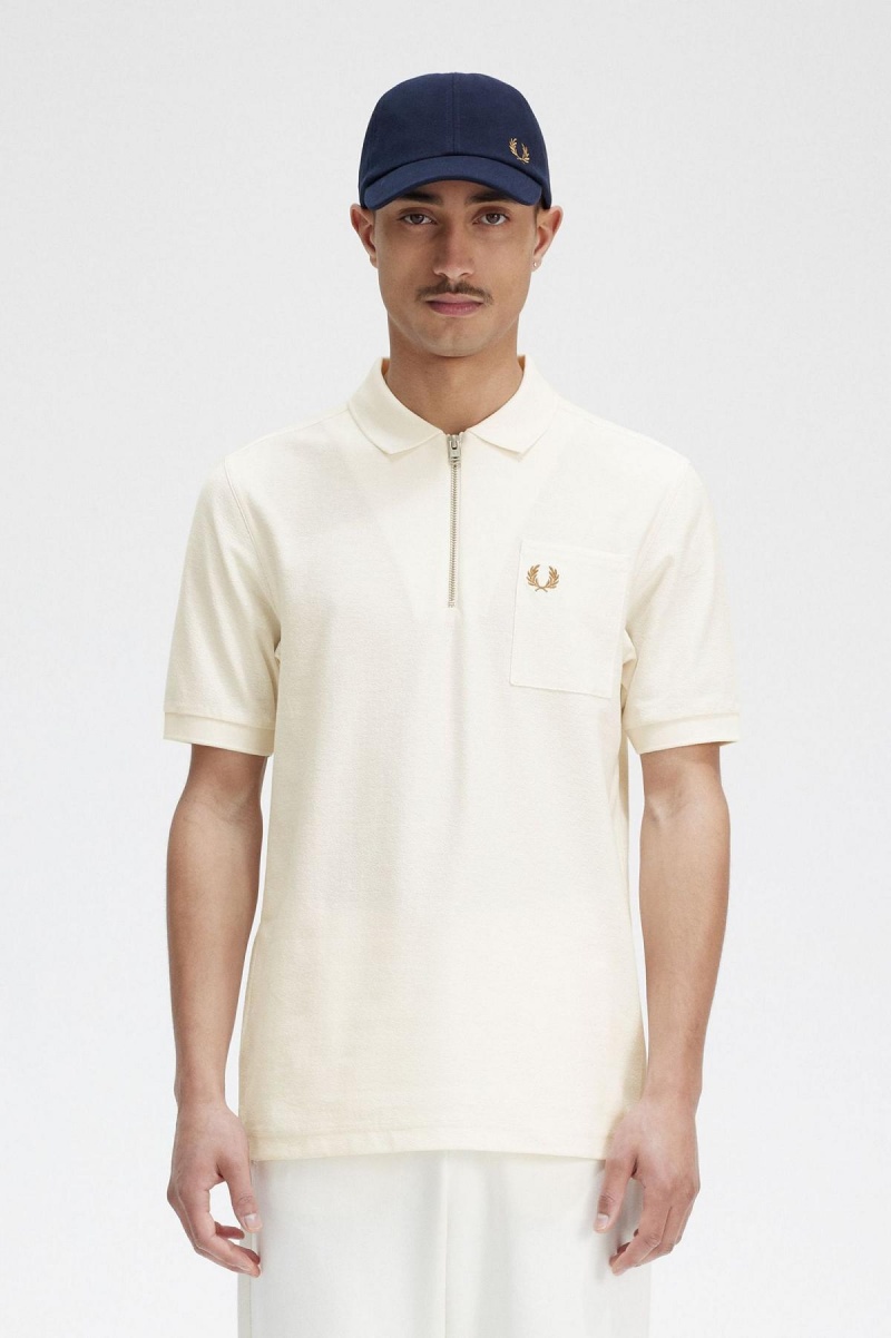 Fred Perry Textured Zip Neck Polo Shirt Piketröja Herr Ecru | YSEGT29765